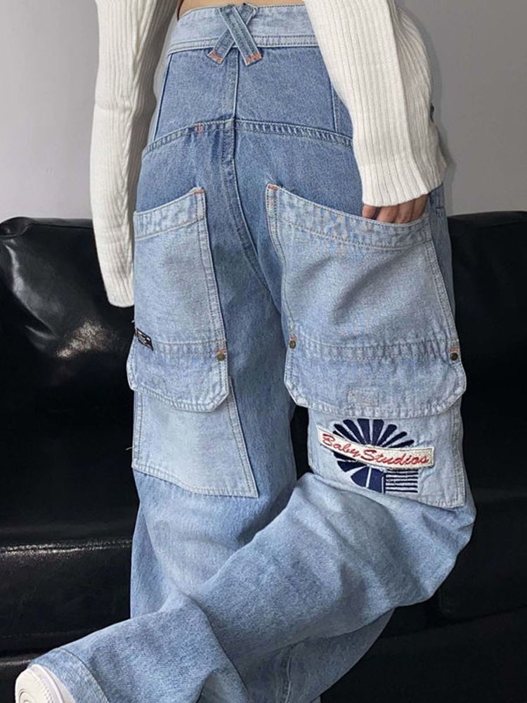 Y2K Women Vintage Streetwear Korean Baggy Blue Cargo Jeans High Waist Straight Wide Leg Pants Denim Trousers Hip Hop Alt Clothes