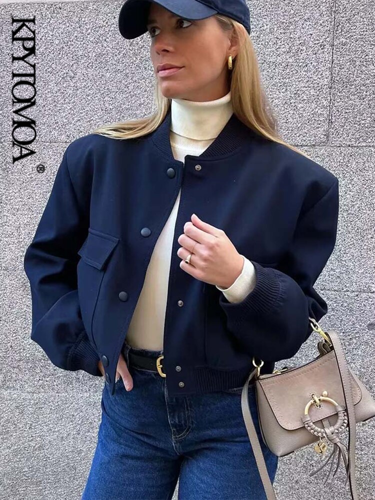 KPYTOMOA Women Fashion With Pockets Loose Bomber Jacket Coat Vintage Long Sleeve Front Button Female Outerwear Chic Tops